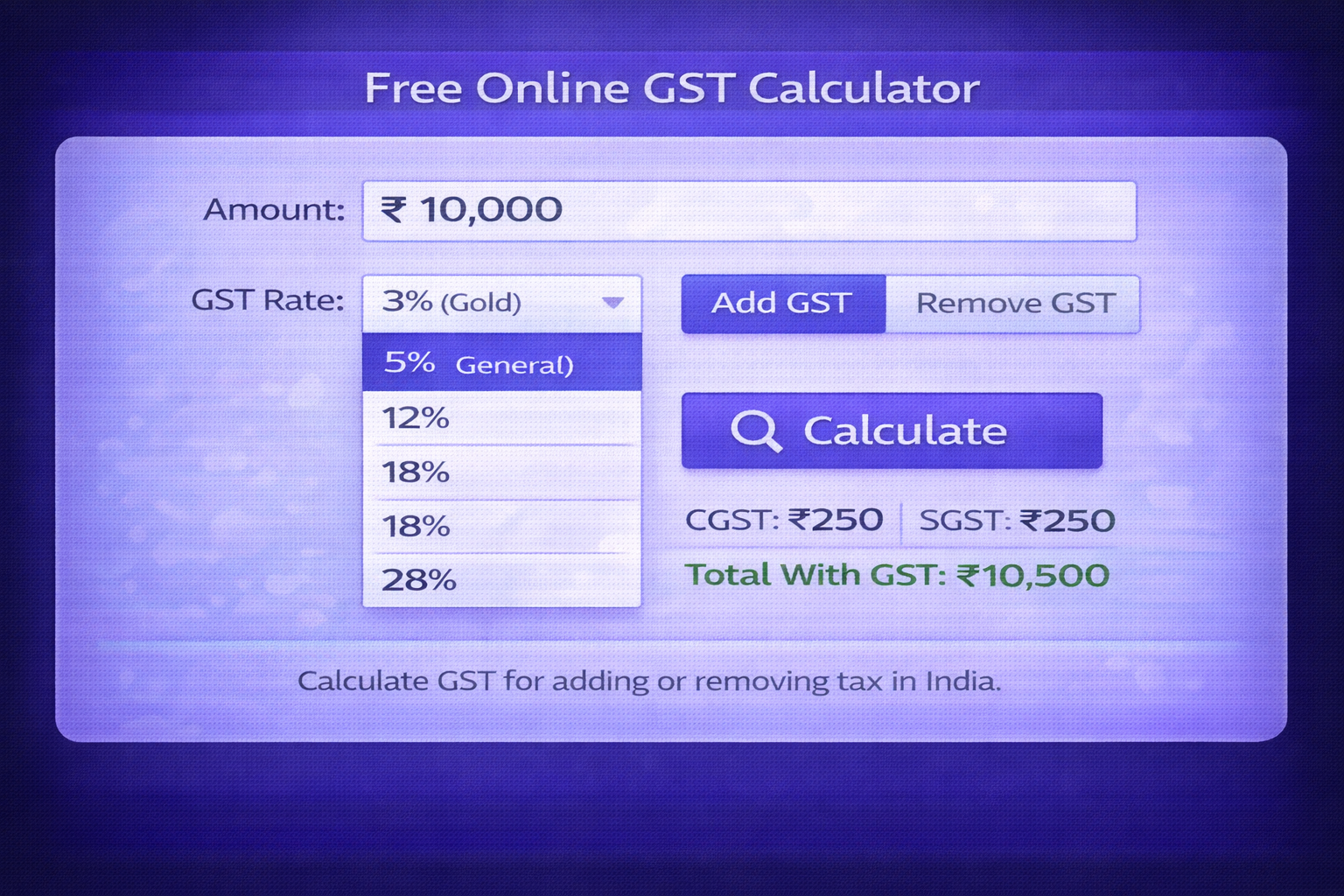 Free online GST calculator interface showing amount input, GST rate selection, add/remove options for Indian tax calculations